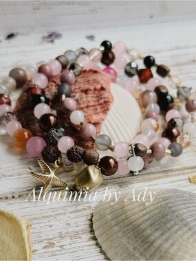 Fall vibes Pink Quartz gold shell charms bracelet stack